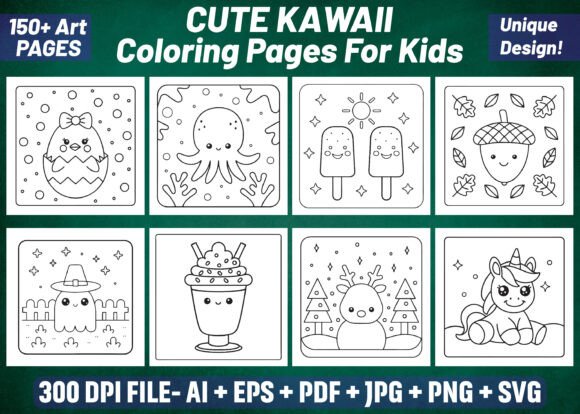 150 Cute Kawaii Kids Coloring Pages Graphics